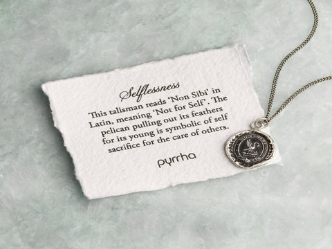 Pyrrha Selflessness Talisman sterling silver pendant on oxidized chain with pelican and Non Sibi motto