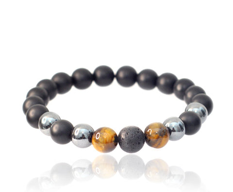 Silver Moon black agate, lava, hematite and tiger eye 10 mm stretch bracelet