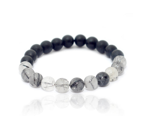 Silver Moon men’s matte black agate and black rutilated quartz 10 mm bracelet