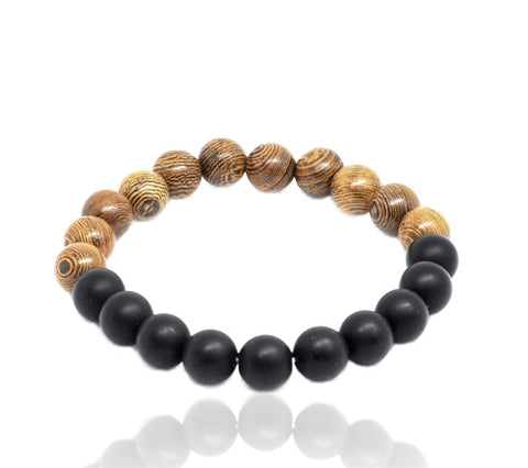 Silver Moon men’s 10 mm black agate and old wood stretch bracelet
