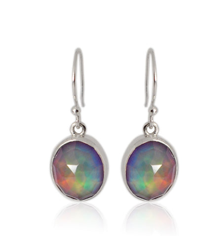 Pair of faceted oval aura opal quartz sterling silver drop earrings, SE1105