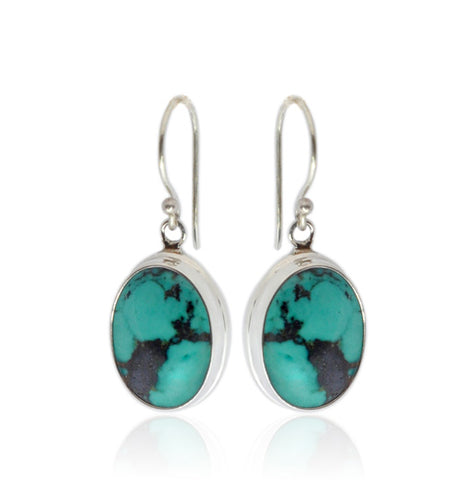 Pair of oval turquoise sterling silver drop earrings with hook ear wires, SE1130