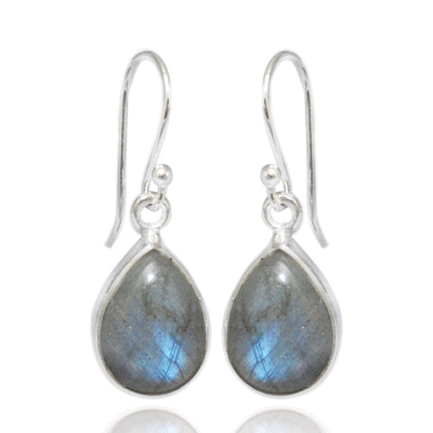 Pair of pear-shaped labradorite sterling silver drop earrings with blue flash, SE980