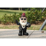 Biker garden gnome statue wearing a helmet, sunglasses, leather jacket, and skull shirt with GARDEN OUTLAWS GNOMAD design
