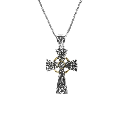 Silver And 10k Gold Celtic Cross Pendant Small- White Sapphire | Keith Jack - Tricia's Gems